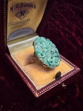 ANTIQUE- 10K Gold- Natural Jade Ring -Size 5- Hand Carved - Art Nouveau